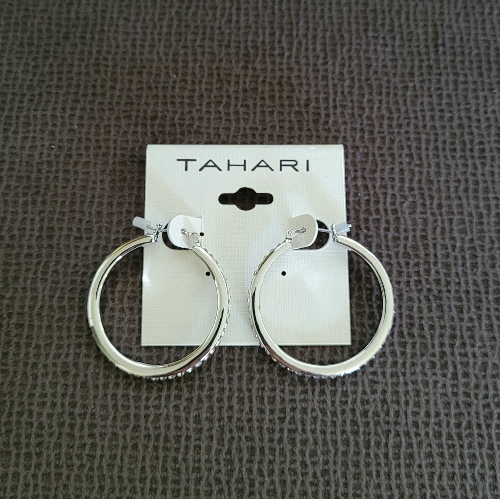 Tahari Cubic Zirconia Lined Silver Hoop Earrings